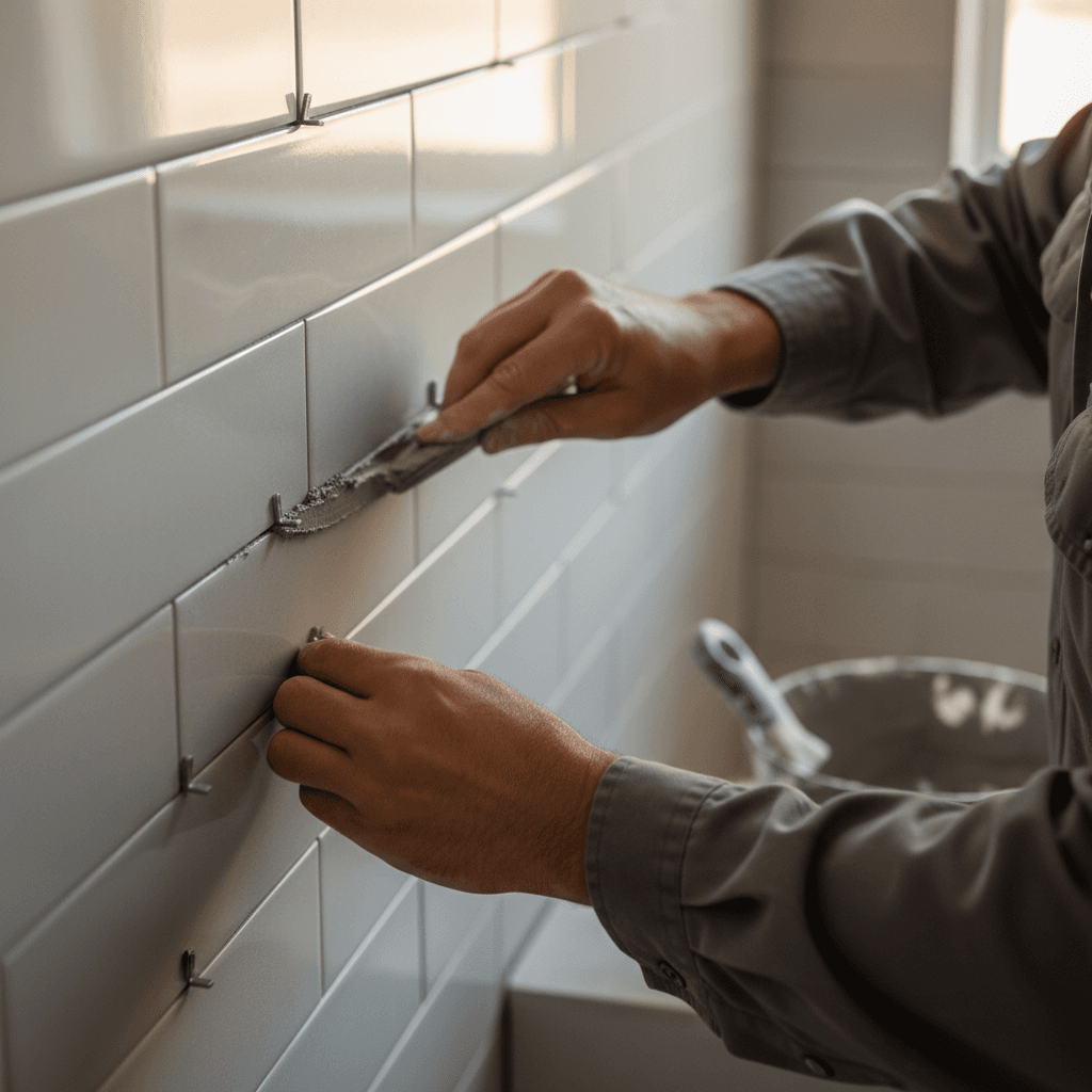 Expert tiler carefully installing floor tiles in a bright, professional bathroom setting