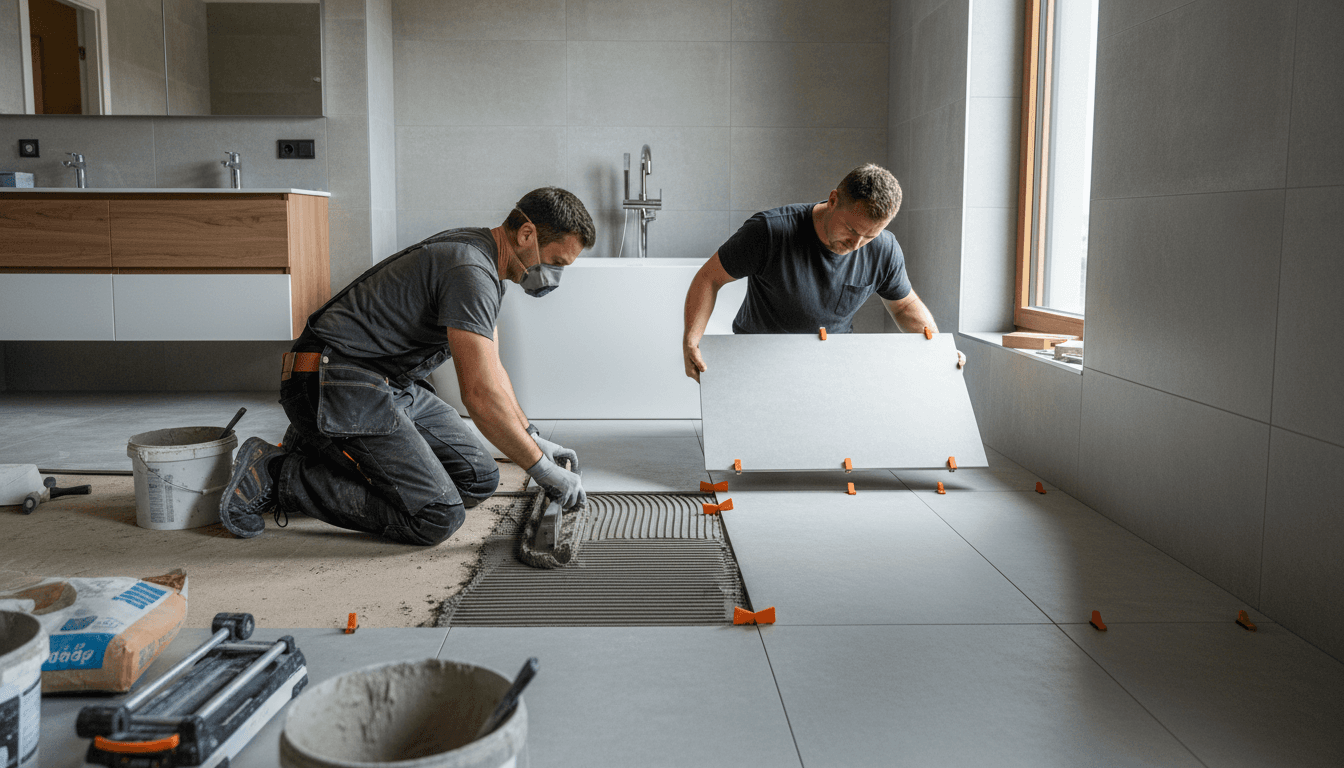 Skilled tiler carefully applying tiles to a bathroom wall with professional tools