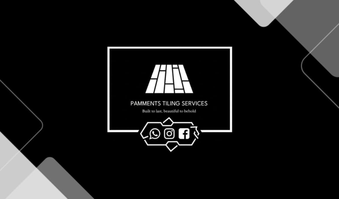 Pamments Tiling Services logo with white tile graphic and social media icons on black background.