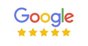 Colorful Google logo positioned above five yellow stars, representing a perfect five-star customer rating.