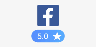 Facebook logo positioned above a blue button showing a 5.0 rating and white star.